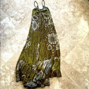 Silk Floral Maxi Dress with Green and Gold Tones